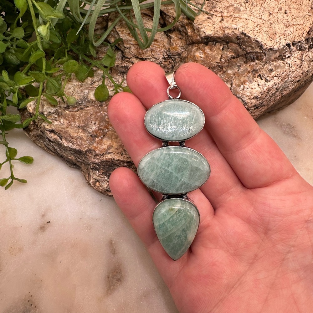 Amazonite Gemstone Blue 925 Sterling Silver Large Pendant Three Stones - Picture 8 of 8